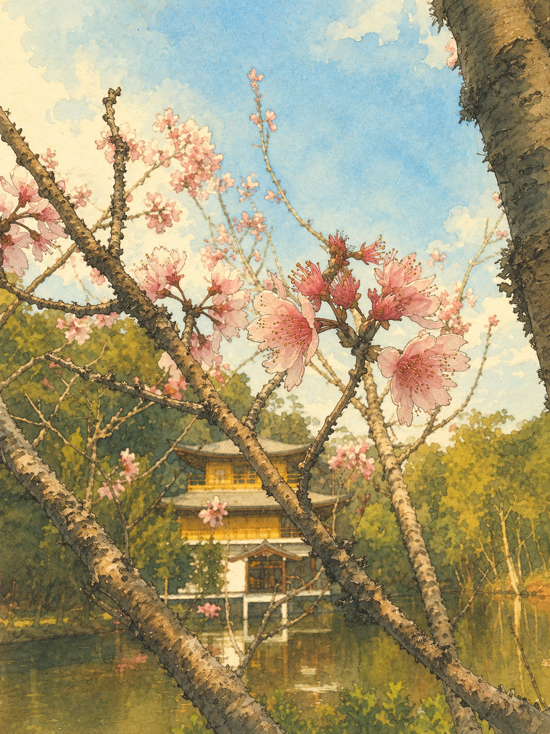 Golden Pavilion Through Blossom